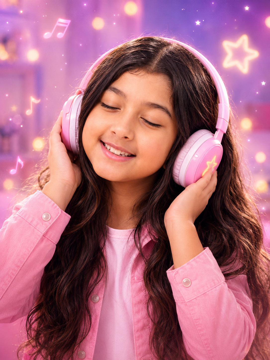 Sarinha cantando ao microfone com fones de ouvido