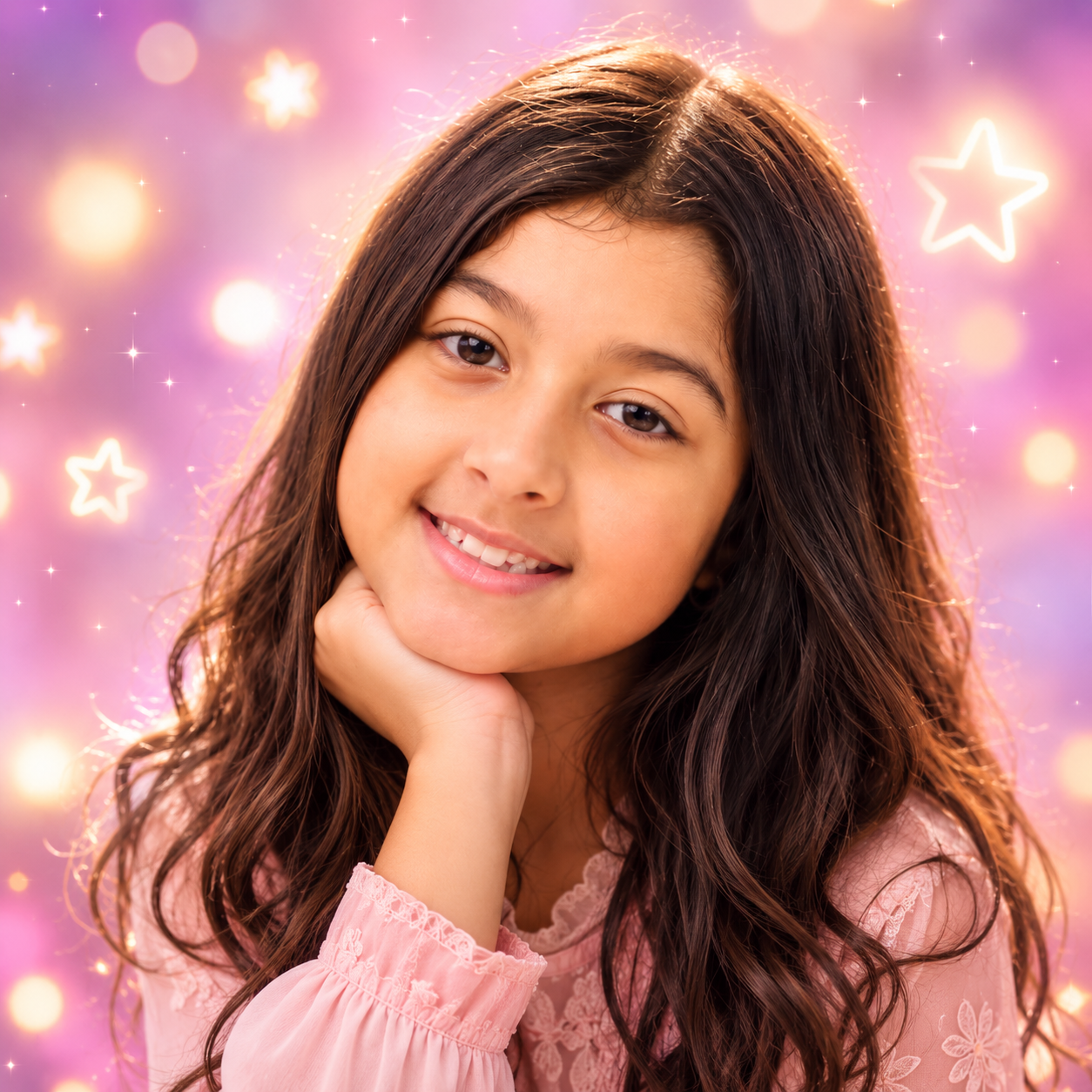 Retrato da Sarinha sorrindo, cercada por estrelas brilhantes